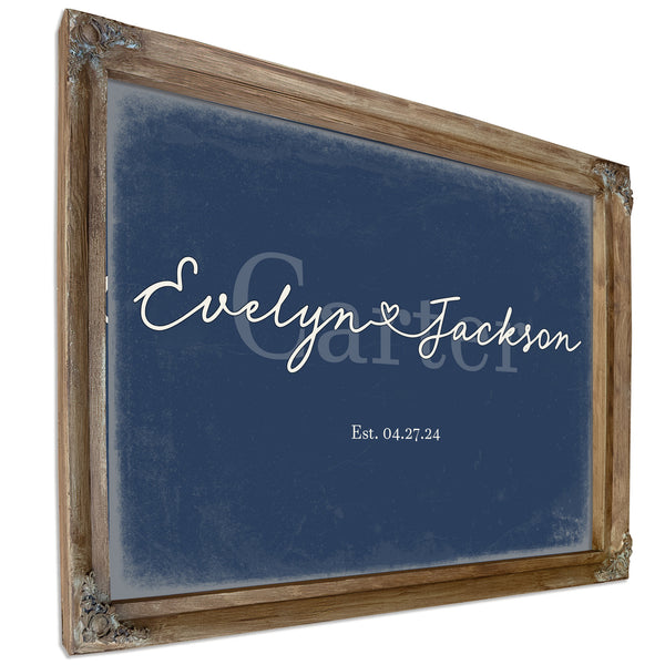 Personalized Wedding Sign, Last Name with Couple Names & Heart, Denim Americana, image 6