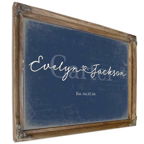 Personalized Wedding Sign, Last Name with Couple Names & Heart, Denim Americana, image 6