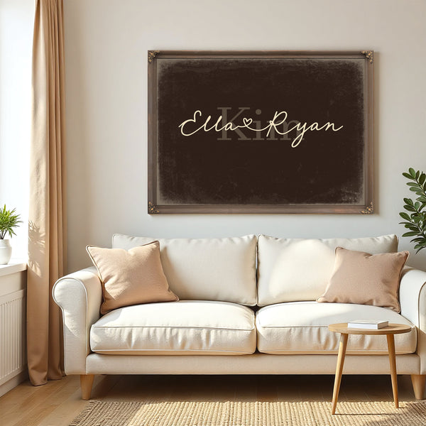 Personalized Wedding Sign, Last Name with Couple Names & Heart, Espresso & Turquoise, image 5