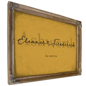 Personalized Wedding Sign, Last Name with Couple Names & Heart, Mustard & Black, image 6