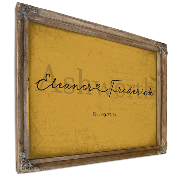 Personalized Wedding Sign, Last Name with Couple Names & Heart, Mustard & Black, image 6