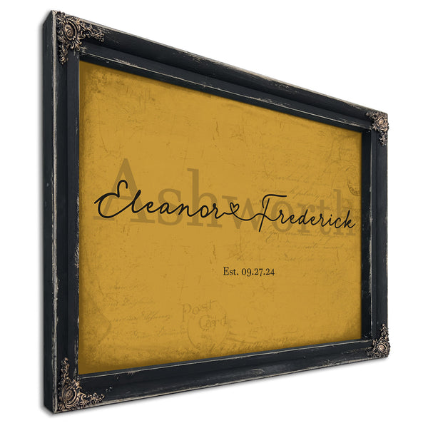 Personalized Wedding Sign, Last Name with Couple Names & Heart, Mustard & Black, image 1