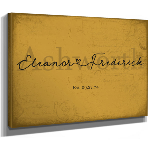 Personalized Wedding Sign, Last Name with Couple Names & Heart, Mustard & Black, image 8