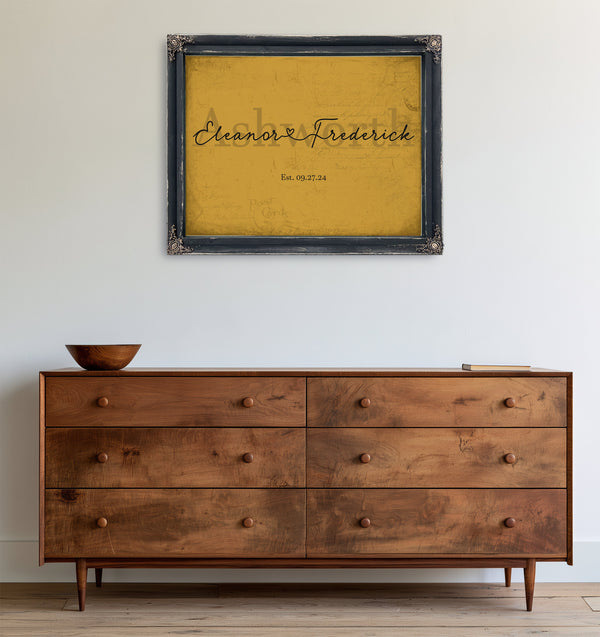 Personalized Wedding Sign, Last Name with Couple Names & Heart, Mustard & Black, image 19