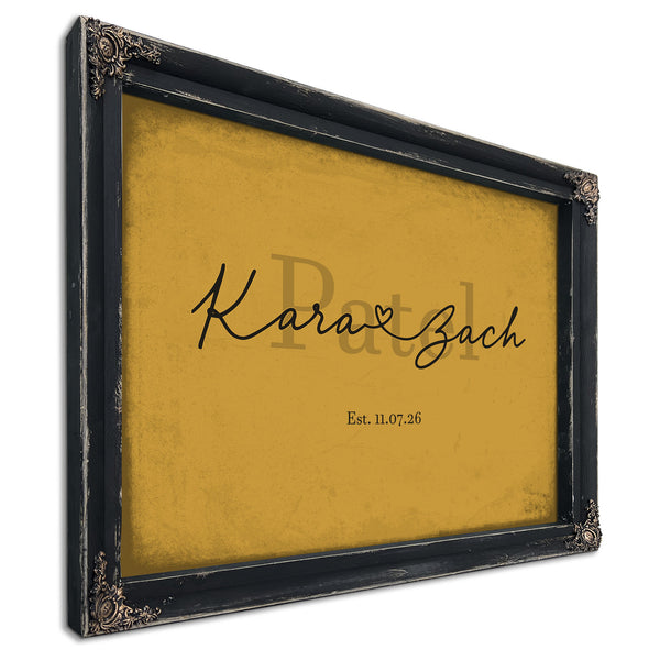 Personalized Anniversary Gift, Family Name Sign with First Names, Mustard & Black, image 1