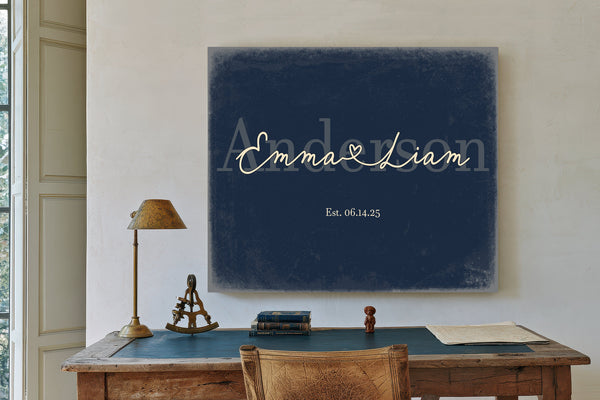 Personalized Wedding Sign, Last Name with Couple Names & Heart, Navy & Brass, image 2
