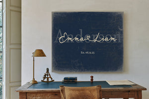Personalized Wedding Sign, Last Name with Couple Names & Heart, Navy & Brass, image 2