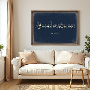 Personalized Wedding Sign, Last Name with Couple Names & Heart, Navy & Brass, image 5