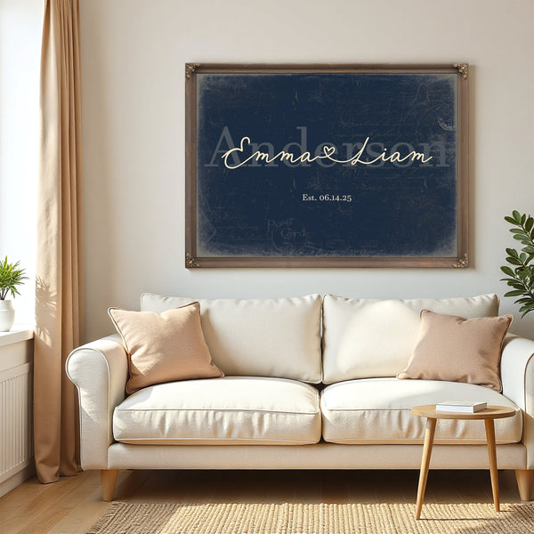 Personalized Wedding Sign, Last Name with Couple Names & Heart, Navy & Brass, image 5