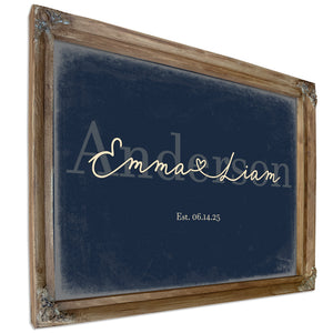 Personalized Wedding Sign, Last Name with Couple Names & Heart, Navy & Brass, image 6