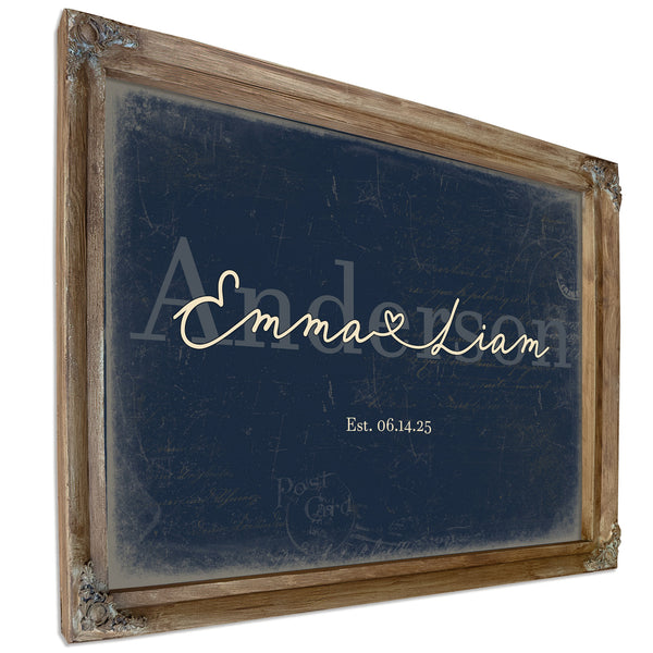 Personalized Wedding Sign, Last Name with Couple Names & Heart, Navy & Brass, image 6