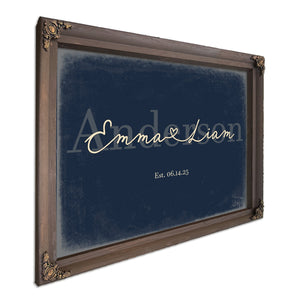 Personalized Wedding Sign, Last Name with Couple Names & Heart, Navy & Brass, image 7
