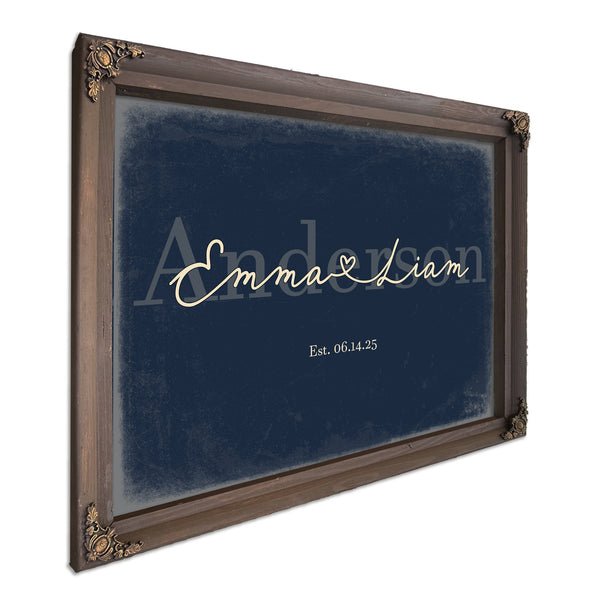 Personalized Wedding Sign, Last Name with Couple Names & Heart, Navy & Brass, image 7