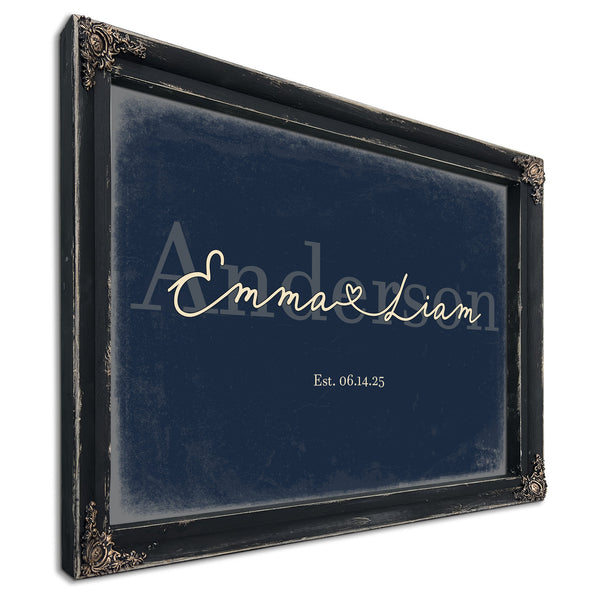 Personalized Wedding Sign, Last Name with Couple Names & Heart, Navy & Brass, image 1