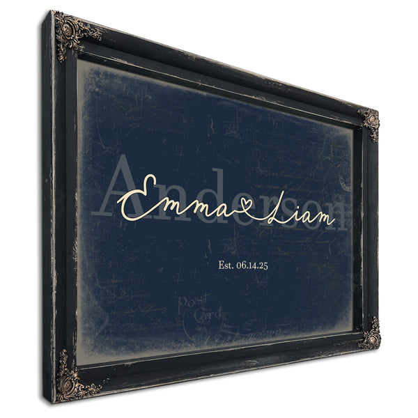Personalized Wedding Sign, Last Name with Couple Names & Heart, Navy & Brass, image 1