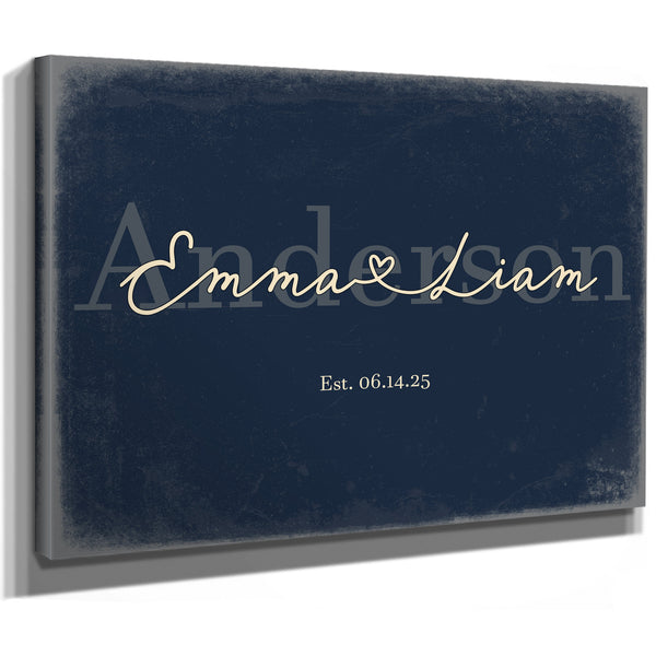 Personalized Wedding Sign, Last Name with Couple Names & Heart, Navy & Brass, image 8