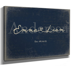 Personalized Wedding Sign, Last Name with Couple Names & Heart, Navy & Brass, image 8