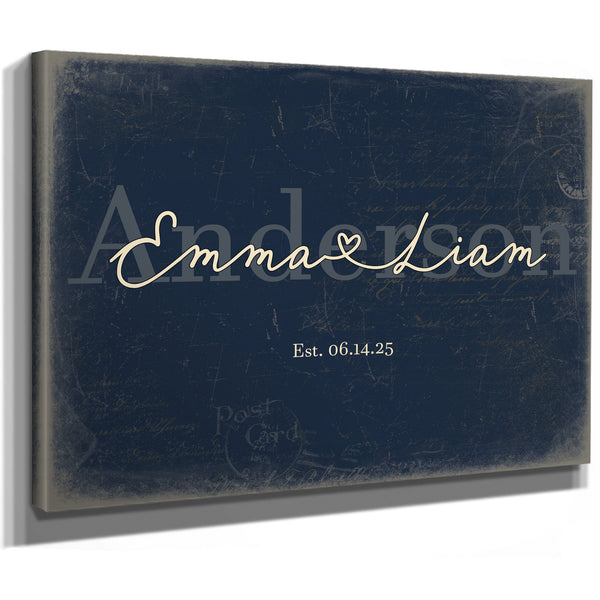 Personalized Wedding Sign, Last Name with Couple Names & Heart, Navy & Brass, image 8