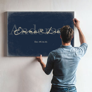Personalized Wedding Sign, Last Name with Couple Names & Heart, Navy & Brass, image 9