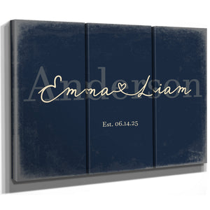Personalized Wedding Sign, Last Name with Couple Names & Heart, Navy & Brass, image 14