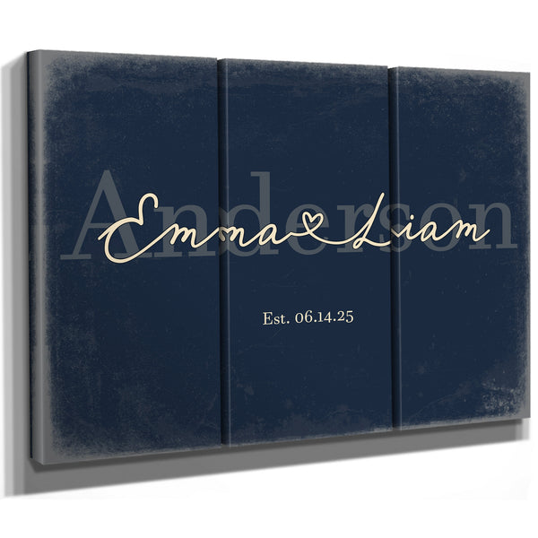 Personalized Wedding Sign, Last Name with Couple Names & Heart, Navy & Brass, image 14