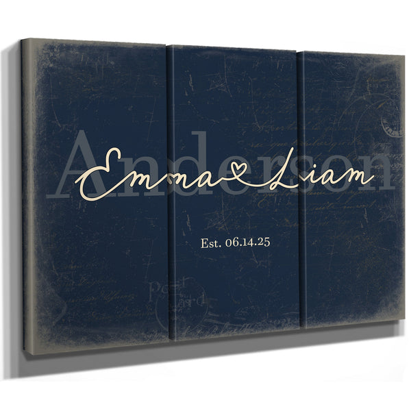 Personalized Wedding Sign, Last Name with Couple Names & Heart, Navy & Brass, image 14