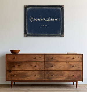 Personalized Wedding Sign, Last Name with Couple Names & Heart, Navy & Brass, image 19