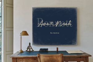 Custom Last Name Sign for Couples, Est. Wedding Date, Navy & Brass, image 2