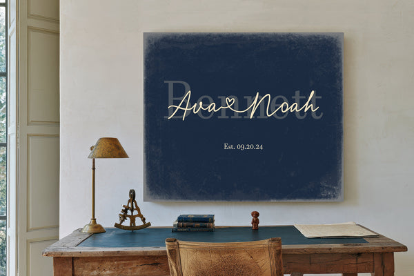 Custom Last Name Sign for Couples, Est. Wedding Date, Navy & Brass, image 2