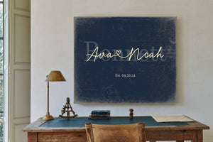 Custom Last Name Sign for Couples, Est. Wedding Date, Navy & Brass, image 2
