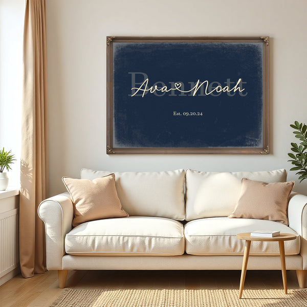 Custom Last Name Sign for Couples, Est. Wedding Date, Navy & Brass, image 5