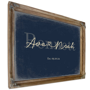Custom Last Name Sign for Couples, Est. Wedding Date, Navy & Brass, image 6