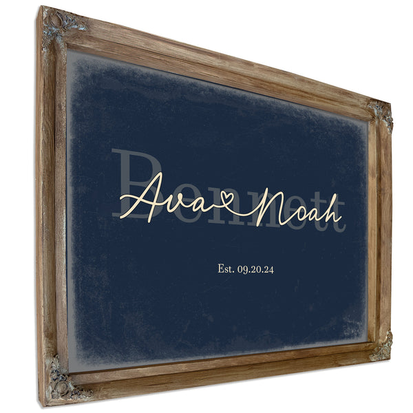 Custom Last Name Sign for Couples, Est. Wedding Date, Navy & Brass, image 6