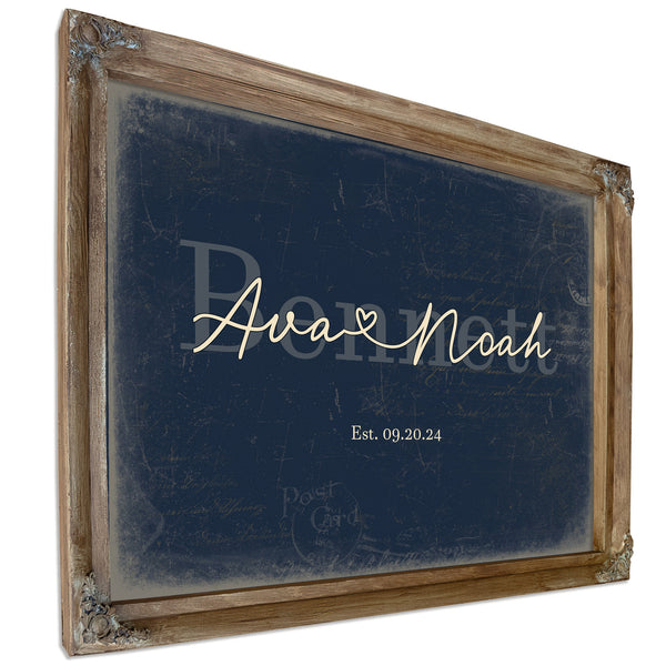 Custom Last Name Sign for Couples, Est. Wedding Date, Navy & Brass, image 6