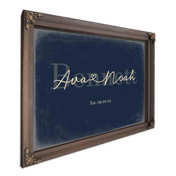 Custom Last Name Sign for Couples, Est. Wedding Date, Navy & Brass, image 7