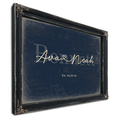 Custom Last Name Sign for Couples, Est. Wedding Date, Navy & Brass, image 1
