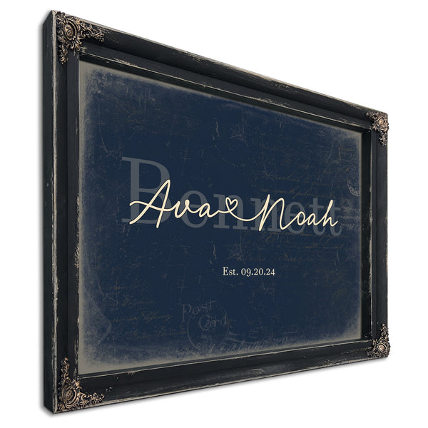 Custom Last Name Sign for Couples, Est. Wedding Date, Navy & Brass, image 1