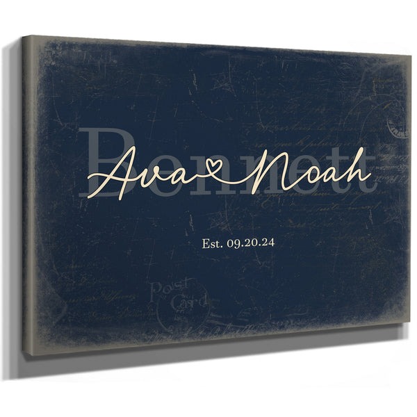 Custom Last Name Sign for Couples, Est. Wedding Date, Navy & Brass, image 8