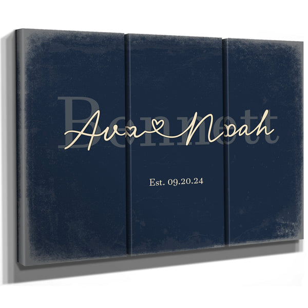 Custom Last Name Sign for Couples, Est. Wedding Date, Navy & Brass, image 14