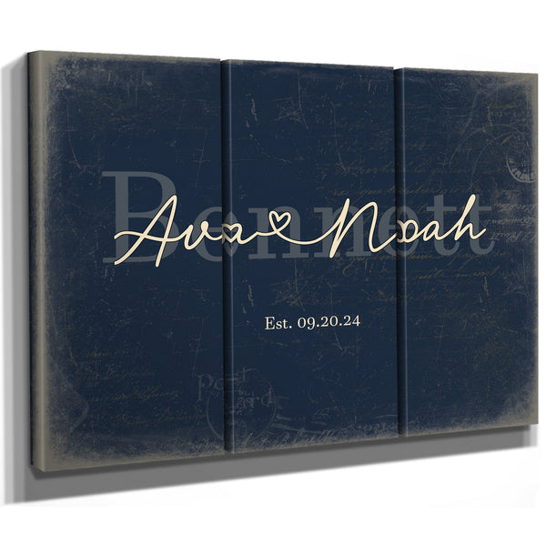 Custom Last Name Sign for Couples, Est. Wedding Date, Navy & Brass, image 14