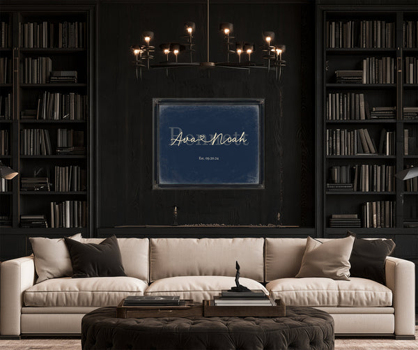 Custom Last Name Sign for Couples, Est. Wedding Date, Navy & Brass, image 16