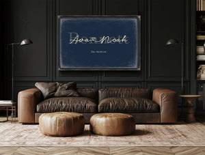 Custom Last Name Sign for Couples, Est. Wedding Date, Navy & Brass, image 17