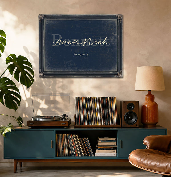 Custom Last Name Sign for Couples, Est. Wedding Date, Navy & Brass, image 20