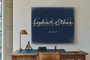 Personalized Anniversary Gift, Family Name Sign with First Names, Navy & Brass, image 2