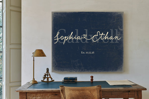 Personalized Anniversary Gift, Family Name Sign with First Names, Navy & Brass, image 2