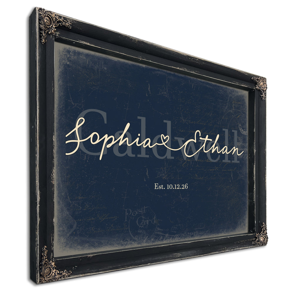 Personalized Anniversary Gift, Family Name Sign with First Names, Navy & Brass, image 1