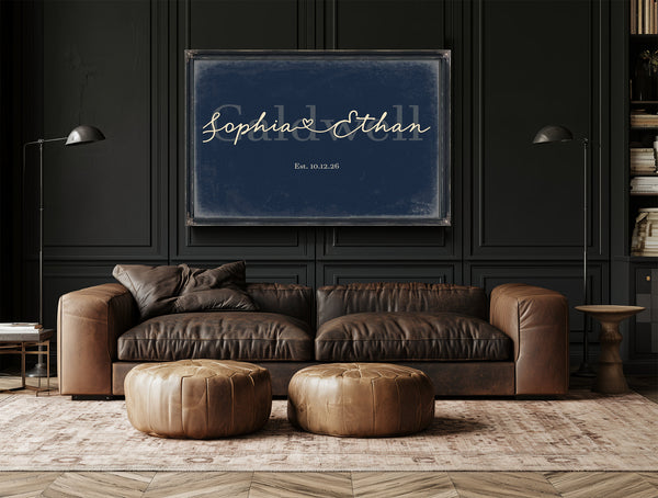 Personalized Anniversary Gift, Family Name Sign with First Names, Navy & Brass, image 17