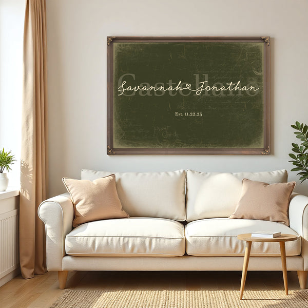 Personalized Wedding Sign, Last Name with Couple Names & Heart, Olive & Brick, image 5