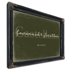 Personalized Wedding Sign, Last Name with Couple Names & Heart, Olive & Brick, image 1