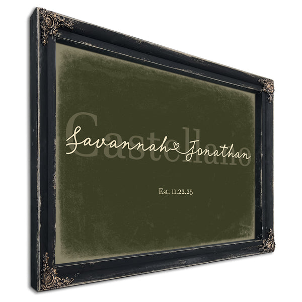 Personalized Wedding Sign, Last Name with Couple Names & Heart, Olive & Brick, image 1
